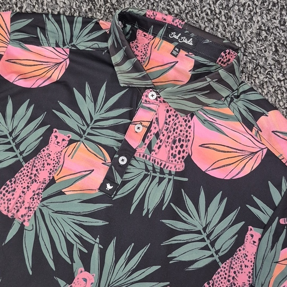 Bad Birdie Polo Shirt Mens 2XL XXL Cheetah Palm Tree Golf Stretch